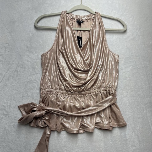 Express Tops - Express Metallic Rose Gold Draped Neck Peplum Top Womens Small NYE Party NEW
